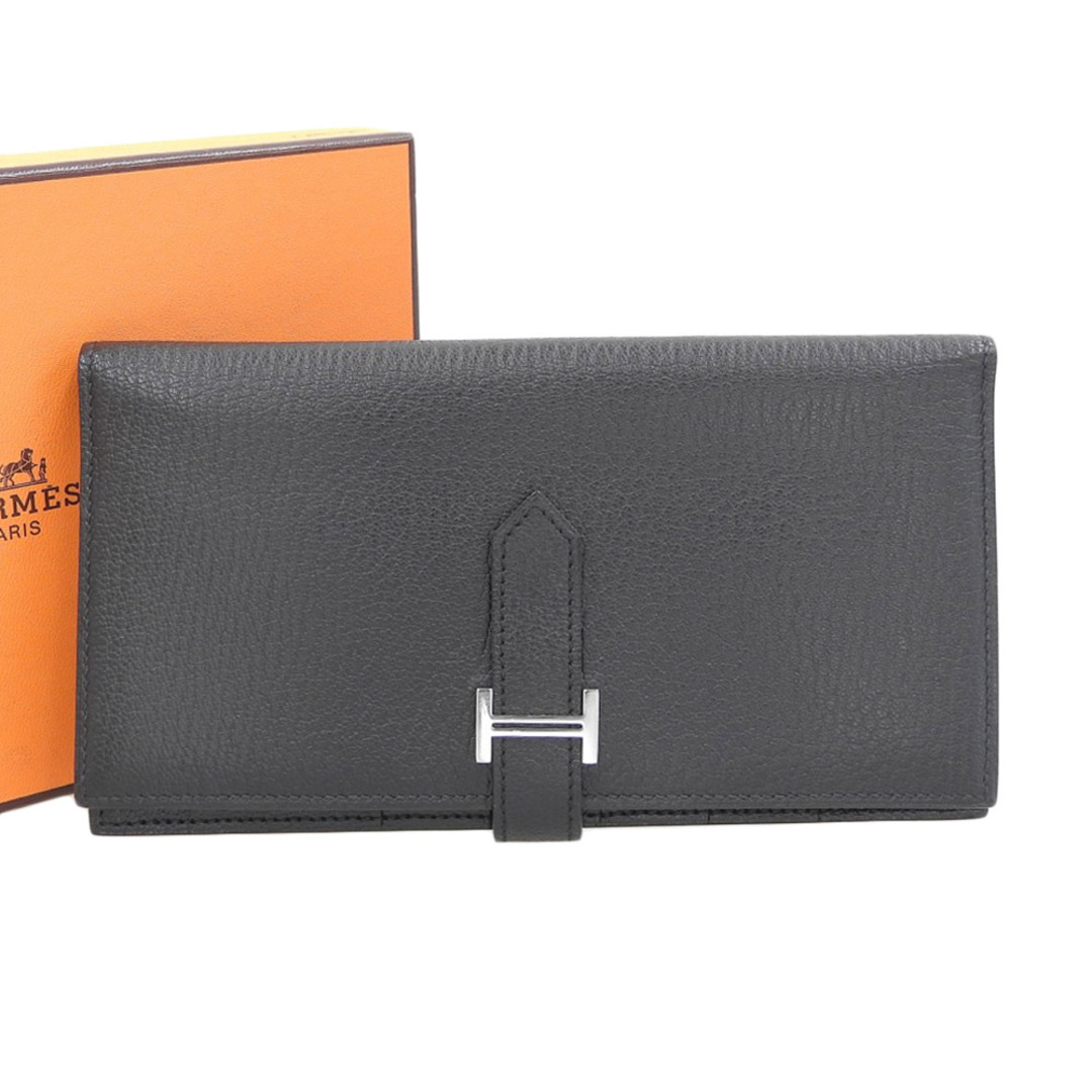 【本物保証】 箱付 超美品 エルメス HERMES ベアンスフレ 二つ折り長財布 シェーブル 黒 ブラック シルバー金具 □N刻印 希少 レア