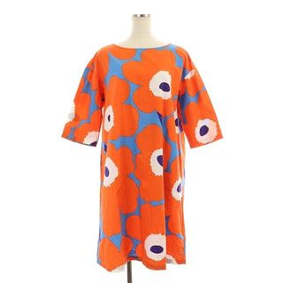 マリメッコ(marimekko)のマリメッコ 5分袖花柄ワンピース 膝丈 七分袖 34 オレンジ マルチカラー(ひざ丈ワンピース)