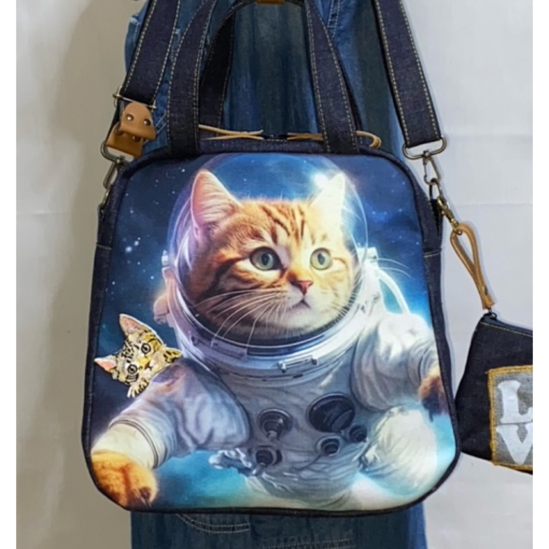 ハンドメイド☆岡山デニム☆宇宙飛行士ネコ☆猫☆4wayボストンバッグ