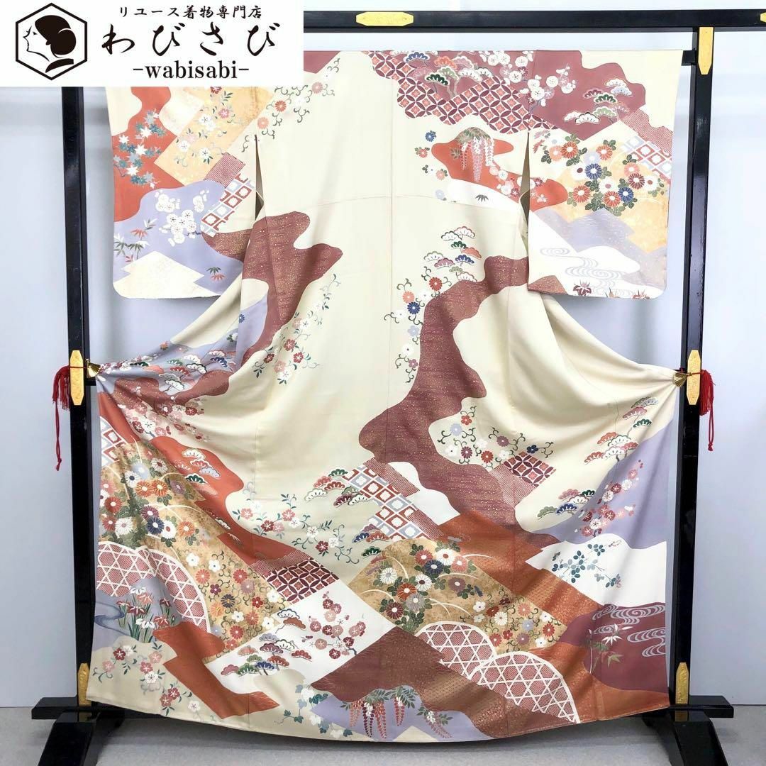 K 訪問着 金彩友禅 金駒刺繍 花唐草 七宝繋ぎ 鳥の子色 しつけ糸