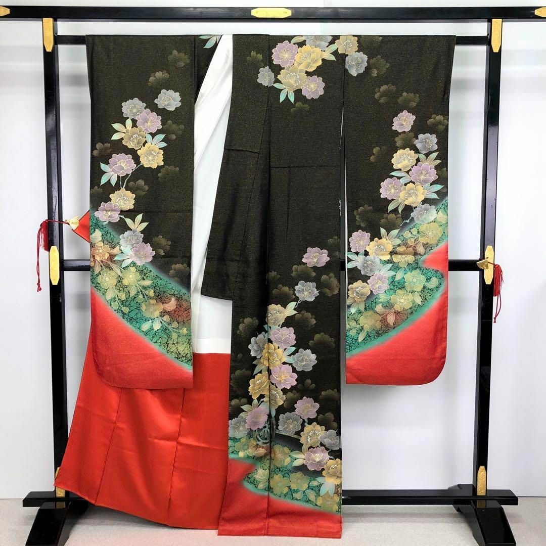 K-3116 振袖 美しい桜の花 花車 金駒刺繍 金通し 黒色 トールサイズ