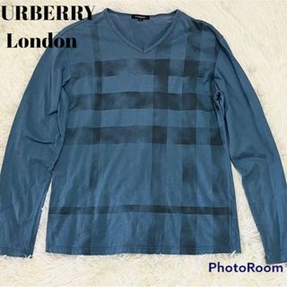 バーバリー(BURBERRY)のバーバリーロンドン ロングTシャツ チェック ブルー サイズM アシンメトリー柄(Tシャツ/カットソー(七分/長袖))