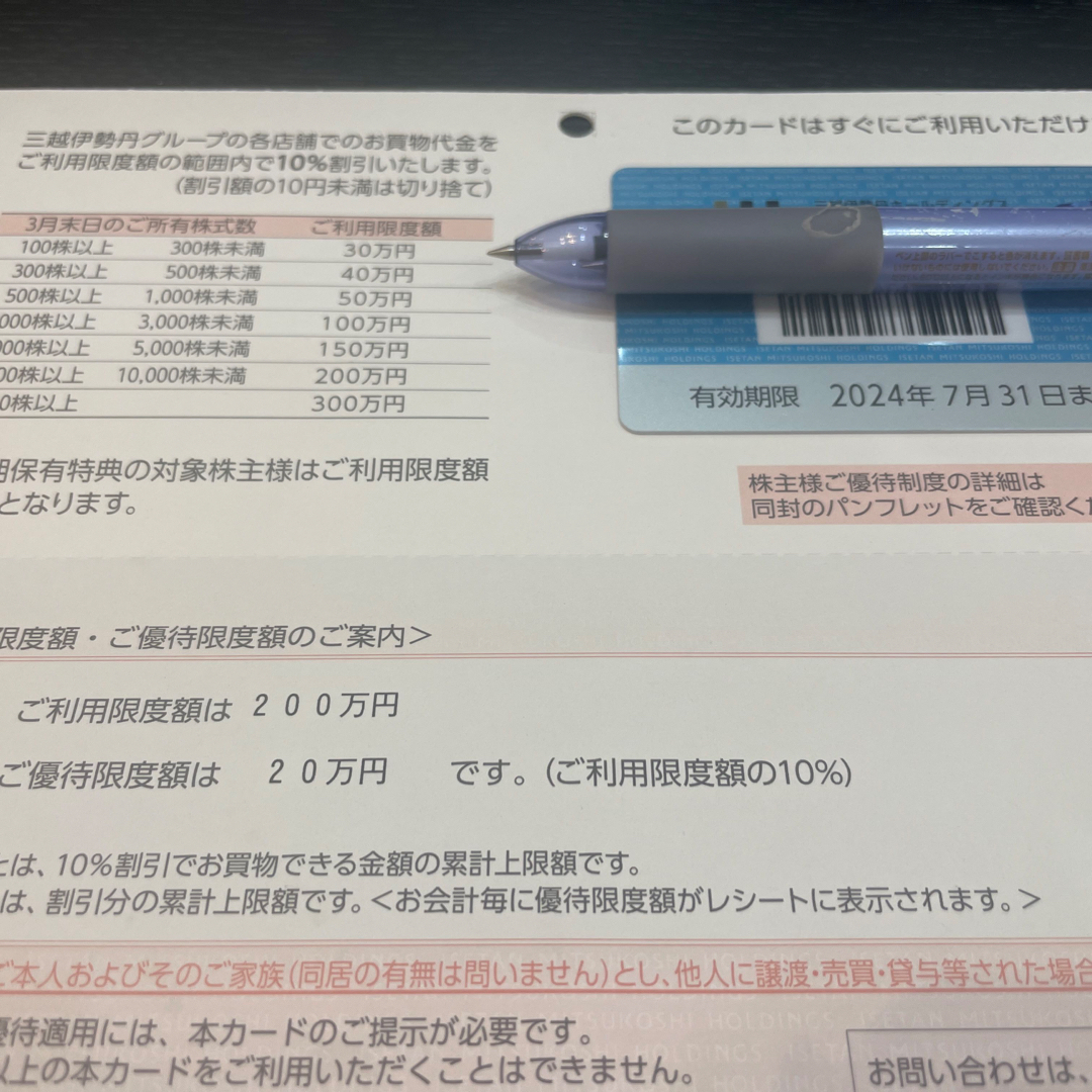 三越伊勢丹株主優待　限度額200万円チケット