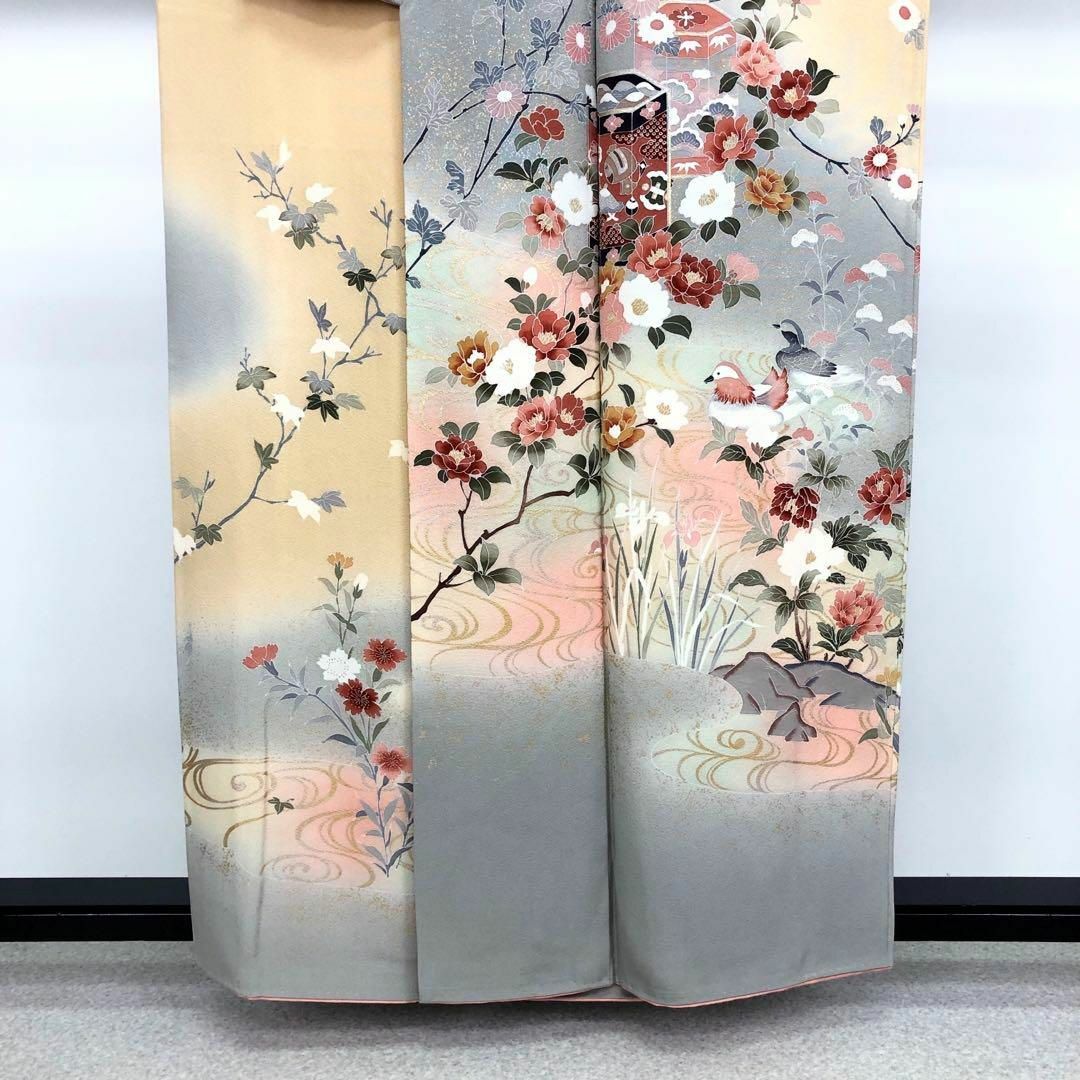 K-3115 訪問着 金彩友禅 鴛鴦に美しい花模様 流水 暈し 縮緬 薄灰色