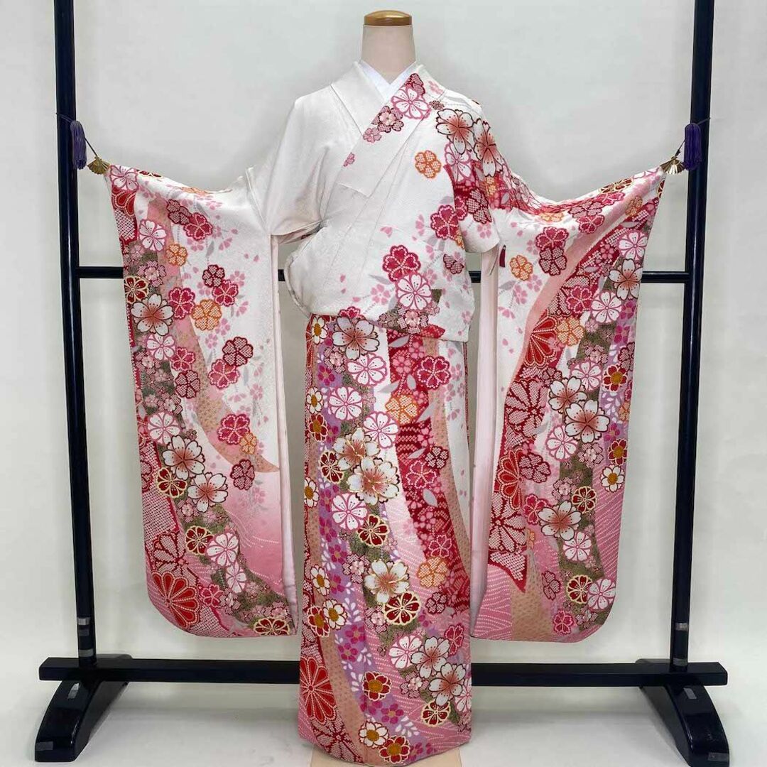 振袖 正絹 花柄 ピンク 白 裄66㎝ 成人式 中古 D-62