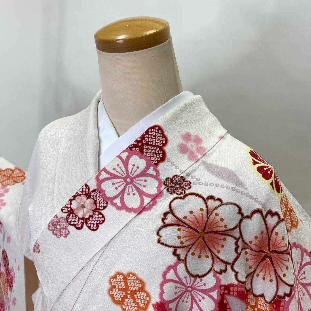 振袖 正絹 花柄 ピンク 白 裄66㎝ 成人式 中古 D-62