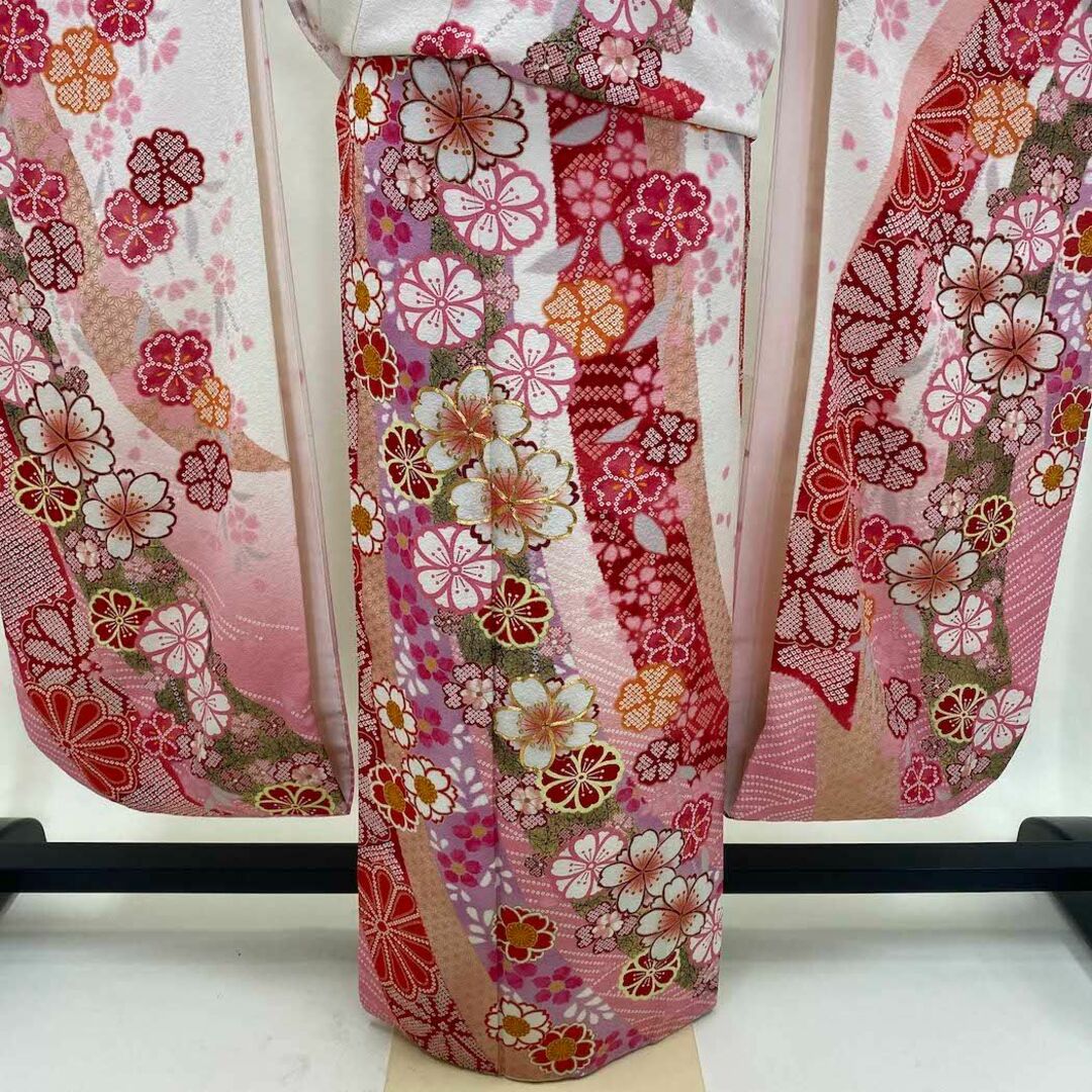 振袖 正絹 花柄 ピンク 白 裄66㎝ 成人式 中古 D-62