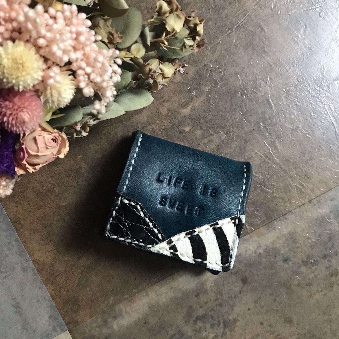 本革 BOXコインケース オイルヌメ革  ターコイズネイビー ハンドメイドのファッション小物(財布)の商品写真