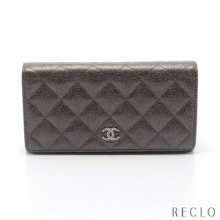 シャネル(CHANEL)のココマーク カメリア 二つ折り長財布 レザー グレーブラウン シルバー金具(財布)