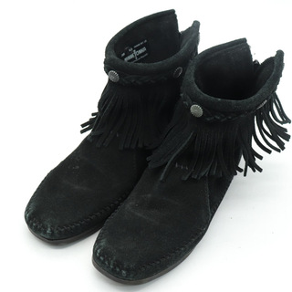 ミネトンカ(Minnetonka)のミネトンカ ショートブーツ モカシン ハイトップバックジップブーツ フリンジ シューズ 靴 レディース 6.5サイズ ブラック Minnetonka(ブーツ)