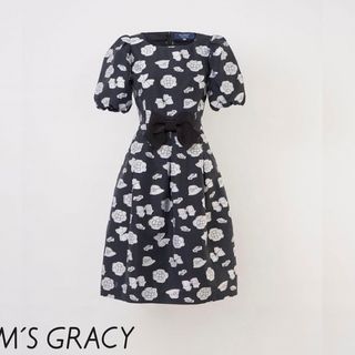 エムズグレイシー(M'S GRACY)の★専用です。エムズグレイシー ・ワンピース★黒帽子バッグ柄可愛42★エレガント(ひざ丈ワンピース)