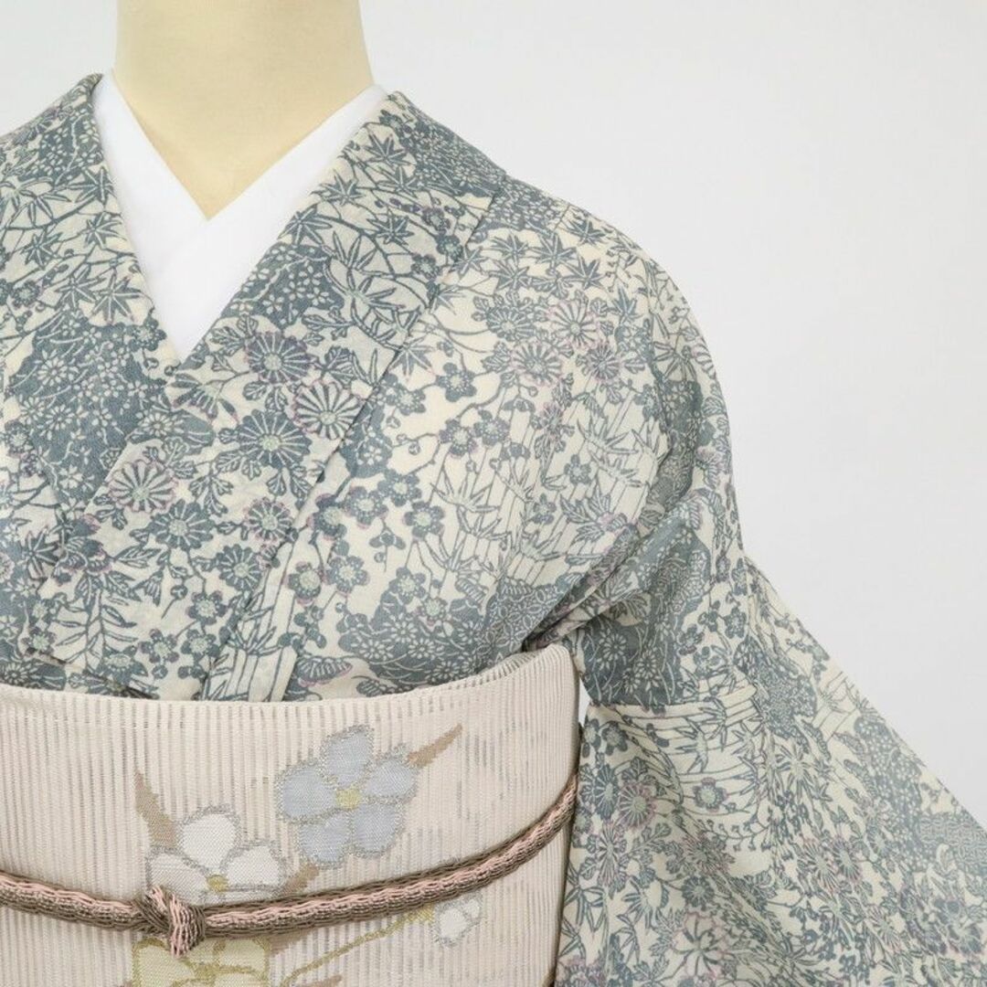 いいスタイル 洗える着物 夏着物*小紋 長尺 花模様 白×灰青色 化繊 街