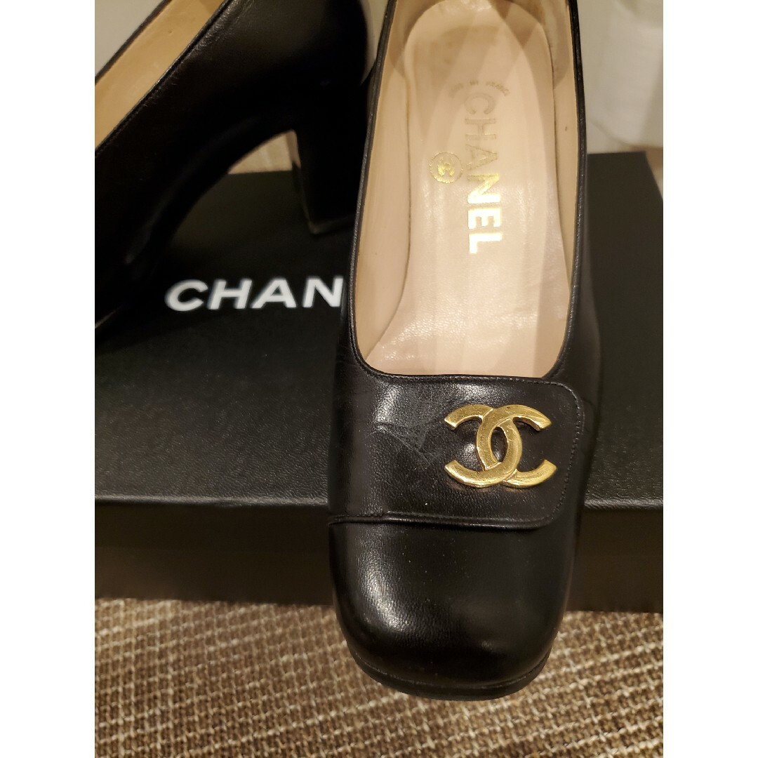 CHANEL シャネル ココマーク ロゴ パンプス ローファー ハイヒール 黒-