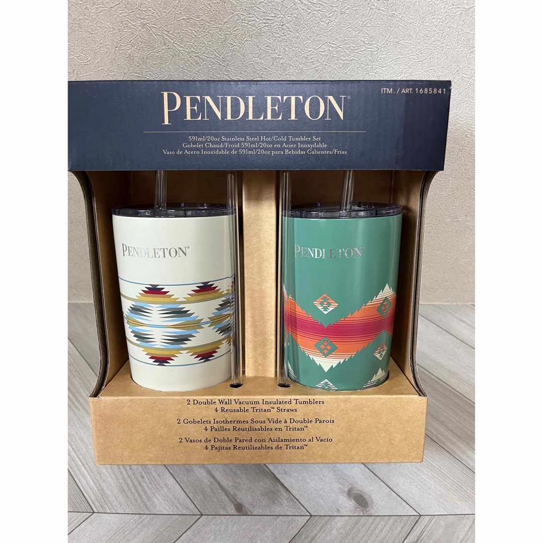 PENDLETON(ペンドルトン)のコストコ ペンドルトン タンブラー 2個入りストロー4本入り ホワイト&グリーン インテリア/住まい/日用品のキッチン/食器(タンブラー)の商品写真