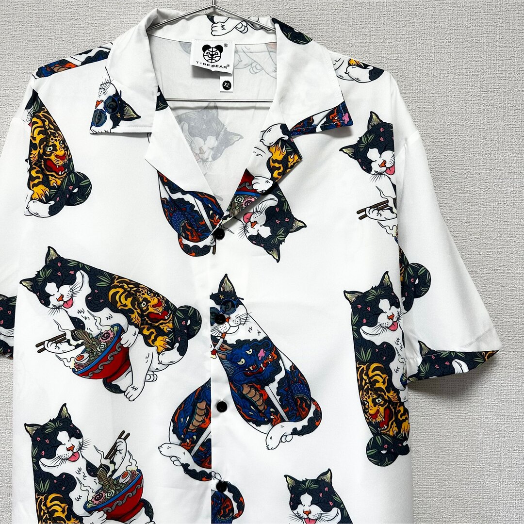 猫 ラーメン アロハシャツ 半袖シャツ ネコ