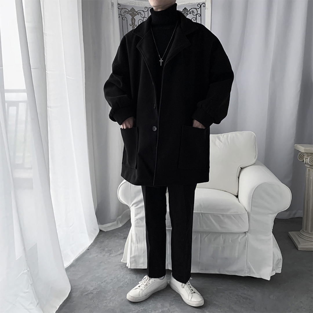 メンズチェスターコート ブラック ビックシルエット ロングコート アウター 冬服