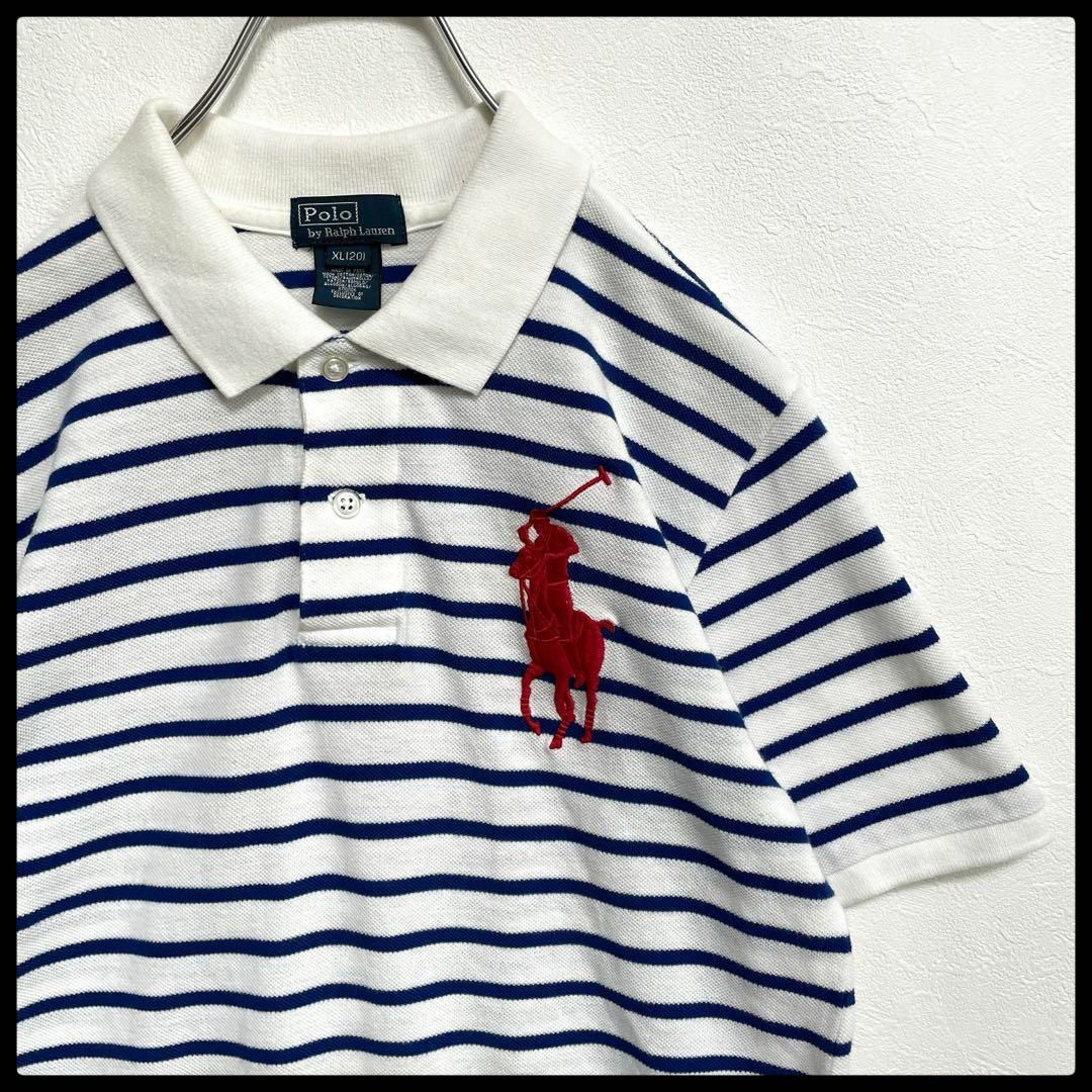 ポロラルフローレン　鹿の子　ボーダー　ビッグポニー　刺繍ロゴ　半袖ポロシャツ