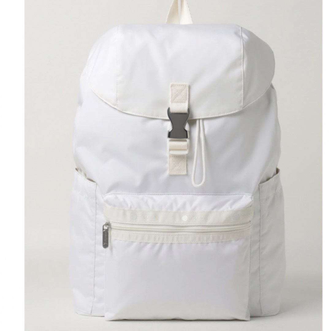 レスポートサック 神崎恵　コラボ　リュック　ホワイト　バッグパックフラップ巾着ファスナー×2表面