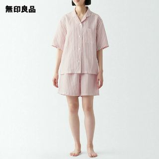 ムジルシリョウヒン(MUJI (無印良品))の無印良品 天然素材の接触冷感 リヨセル麻半袖パジャマ／ピンクストライプ／Ｌ(パジャマ)