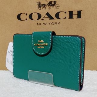 coach 二つ折り ミディアム 短財布 グリーン ウォレット シンプル