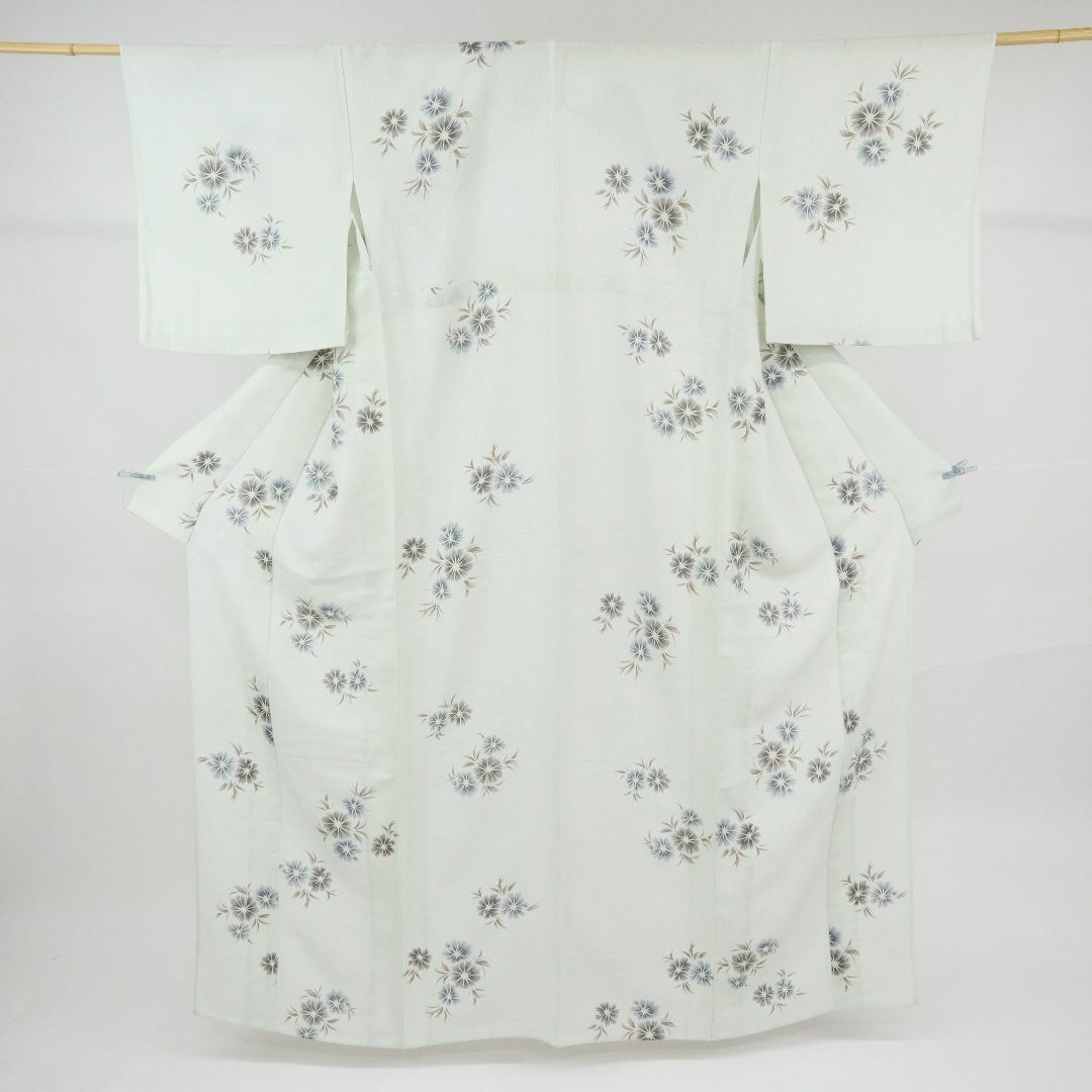 《洗える夏着物■小紋◆撫子の花模様◆淡いグリーン白緑色■化繊着物◆KG6-20》