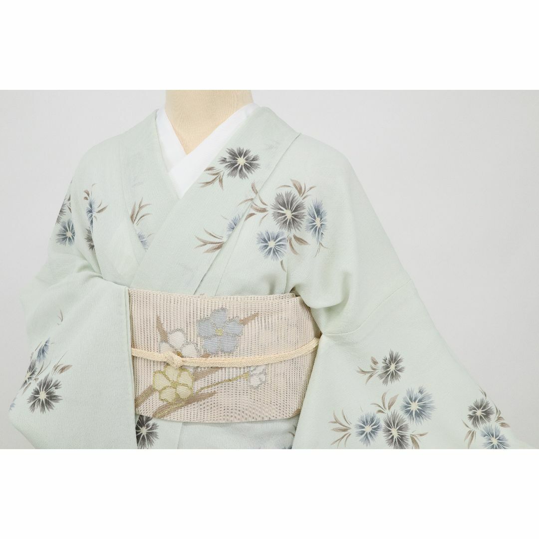 《洗える夏着物■小紋◆撫子の花模様◆淡いグリーン白緑色■化繊着物◆KG6-20》