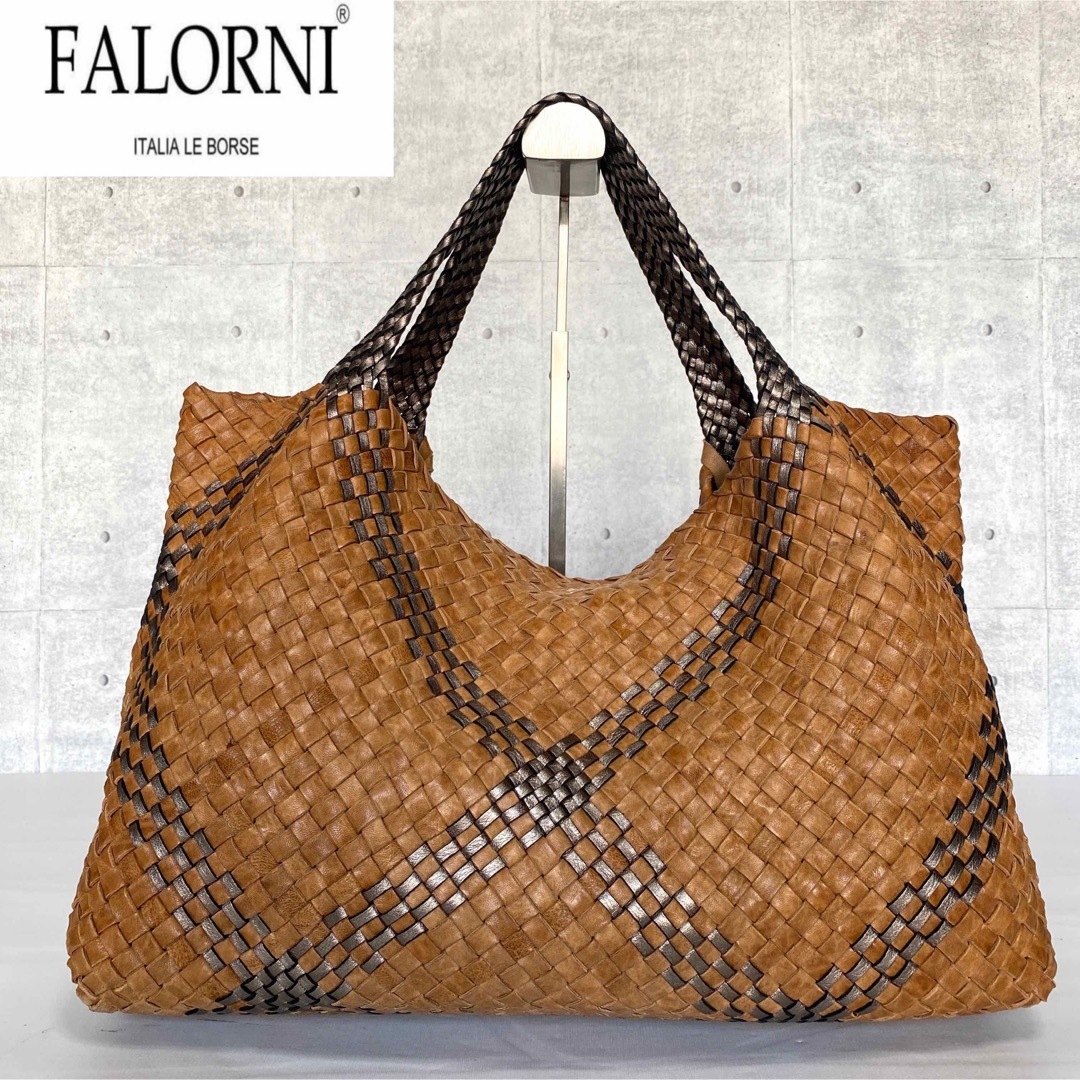 FALORNI】イントレチャート ブラウン×シルバー ラムレザー トート