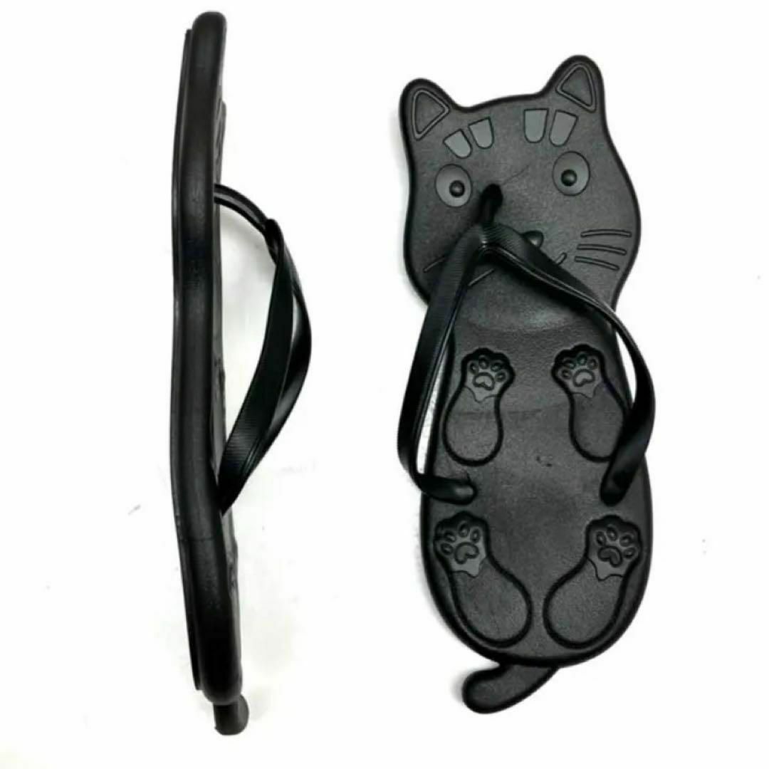 サンダル ビーチサンダル 猫 猫好き ブラック 猫型 ぺったんこ 海 プール レディースの靴/シューズ(サンダル)の商品写真