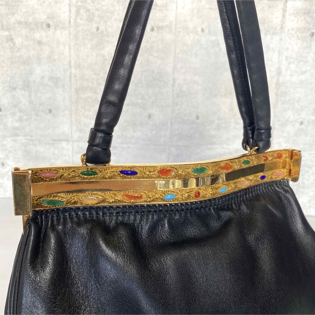【極美品】HAMANO 濱野皮革工藝 サンピエトロ 黒 貴石 がま口ハンドバッグ