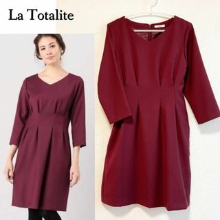 ラトータリテ(La TOTALITE)のワインレッドが上品可愛い♪ 7分袖タックワンピース　膝上　M　ボルドー(ひざ丈ワンピース)