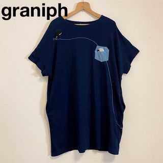 グラニフ(Design Tshirts Store graniph)の美品　グラニフ　graniph　ペンギン　刺繍　インディゴ　ワンピース(ひざ丈ワンピース)