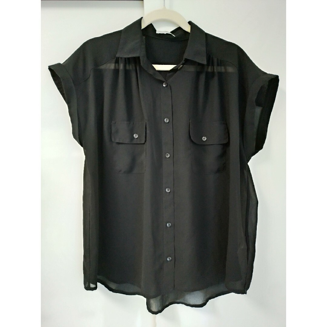 GU(ジーユー)のguGUジーユー　エアリーフレンチスリーブブラウス半袖シャツブラック黒　Mサイズ レディースのトップス(シャツ/ブラウス(半袖/袖なし))の商品写真