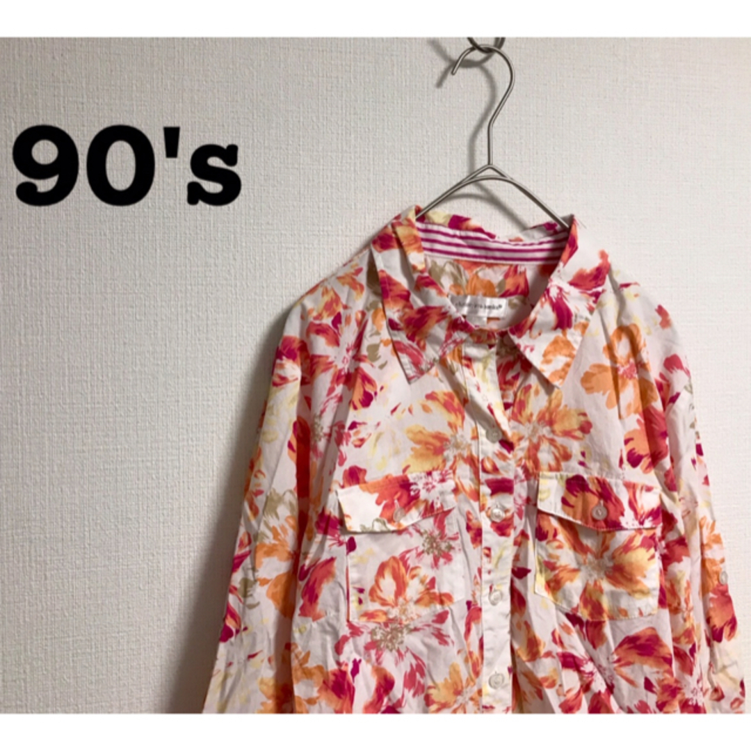 90's 古着 花柄 柄シャツ ビンテージ  デザイン シャツ 七分袖 レディースのトップス(シャツ/ブラウス(長袖/七分))の商品写真