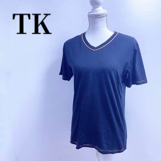 ティーケー(TK)のTKティーケーレインボーカラーラインVネックTシャツ半袖プルオーバーブラック黒(Tシャツ/カットソー(半袖/袖なし))