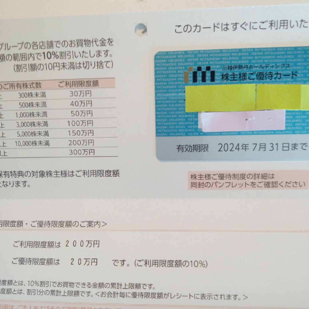 三越伊勢丹　株主優待　限度額200万円