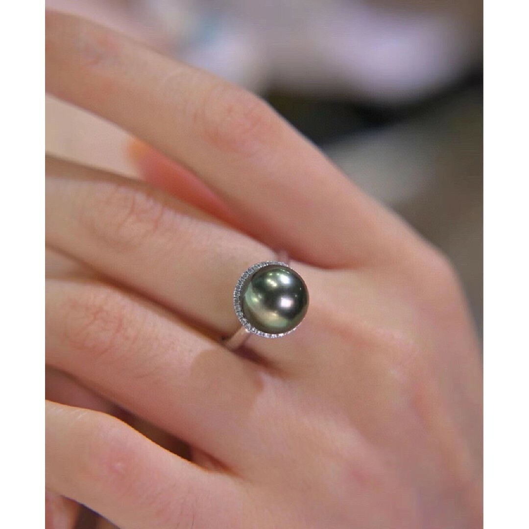 【高級】黒蝶真珠　天然ダイヤモンド付きリングk18 レディースのアクセサリー(リング(指輪))の商品写真