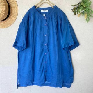 サマンサモスモス(SM2)の新品★サマンサモスモス★blue★コットンボイル*ギャザーブラウス*バンドカラー(シャツ/ブラウス(長袖/七分))