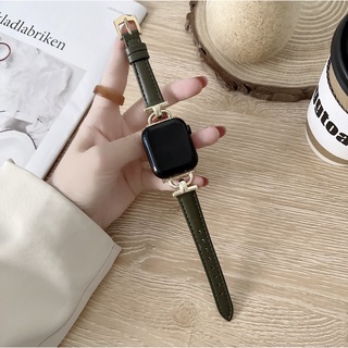 Apple Watch フェイクレザー  バンド グリーン+ゴールドバックル(腕時計)
