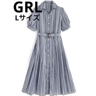 グレイル(GRL)の【GRL】新品★ベルト付きストライプ柄プリーツ切替シャツワンピース[pu09](ロングワンピース/マキシワンピース)