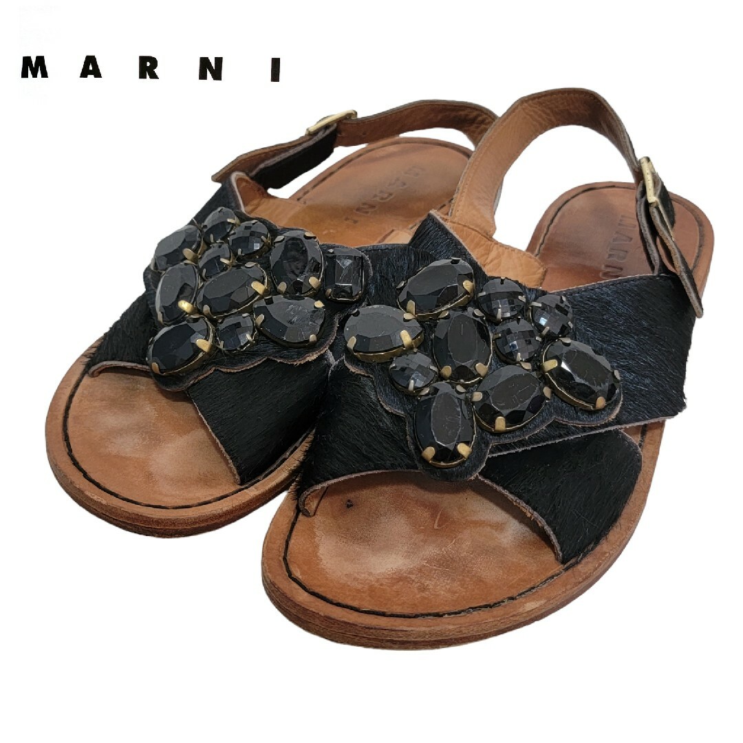 Marni(マルニ)の【大人気】マルニ MARNI ビジュー装飾 ビジューフラワー ハラコ サンダル レディースの靴/シューズ(サンダル)の商品写真