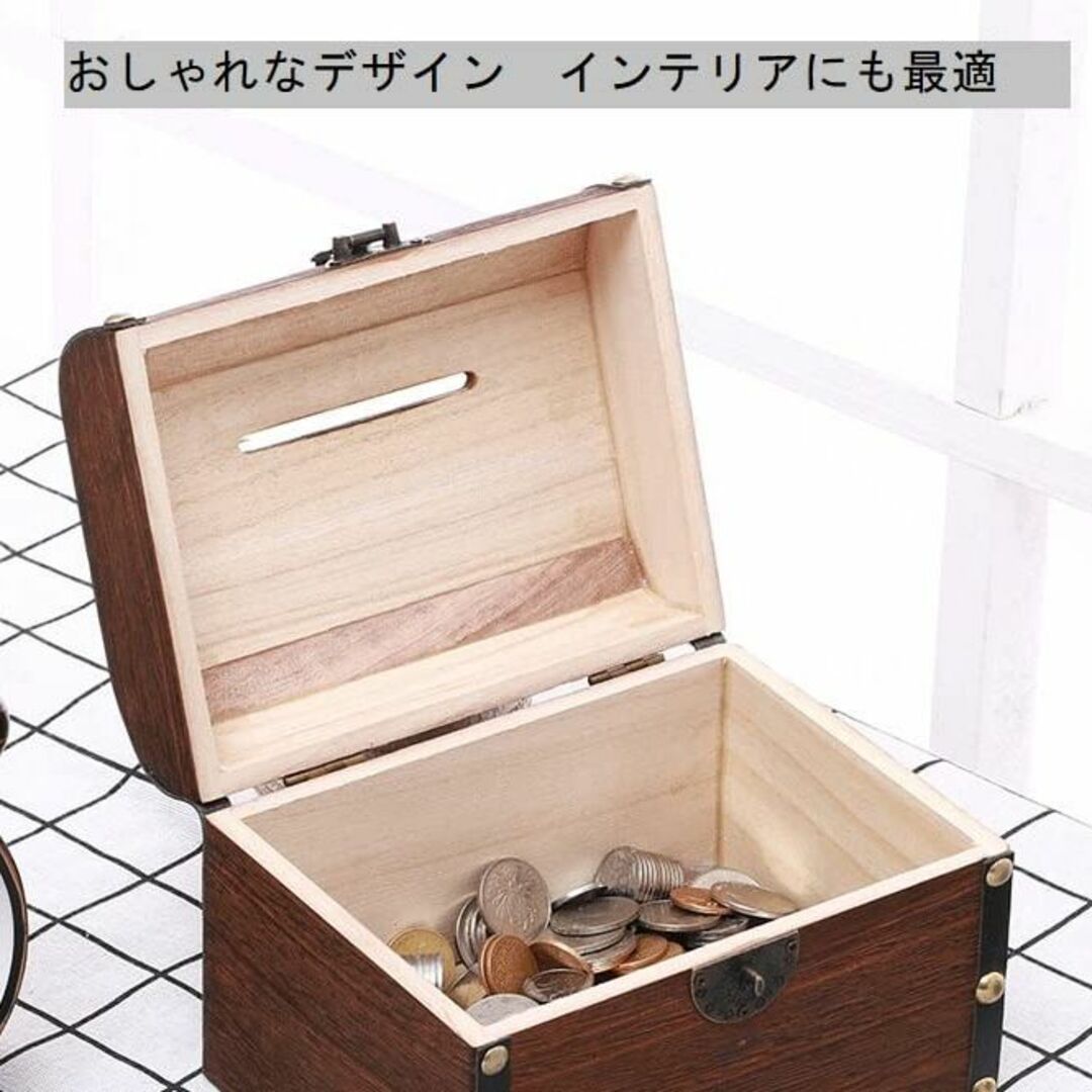 EINEY 宝箱 貯金箱 木製 アンティーク 鍵付き 南京錠 インテリア ブラウの通販 by ♫puru 木製アンティーク宝箱型貯金箱