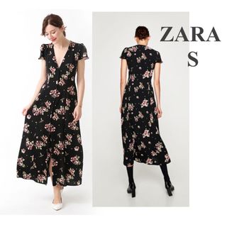 ザラ(ZARA)の【美品】ZARA 花柄 ロングワンピース 黒 S(ロングワンピース/マキシワンピース)