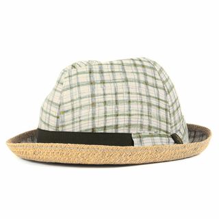 ボルサリーノ(Borsalino)のBorsalino ボルサリーノ チェック プリント パナマ ストロー ハット ラフィア 麦わら 帽子 ベージュ アイボリー グリーン 59 イタリア製 ブランド 【メンズ】【中古】【美品】(ハット)