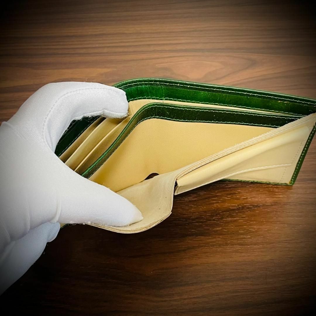 イタリアンレザー メンズ財布 二つ折り 財布 本革 グリーン 緑 レトロ
