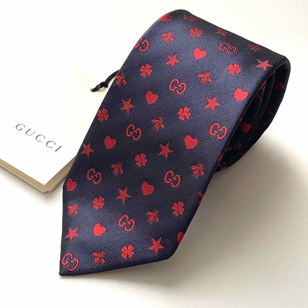 未使用タグ付 GUCCI グッチ ネクタイ 紺・赤 GG柄 ハート-