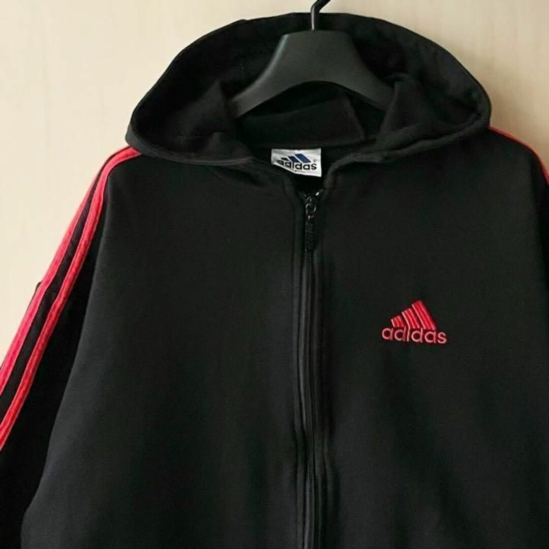 90s古着 レトロ アディダス 暖か裏起毛フルジップパーカー スウェット