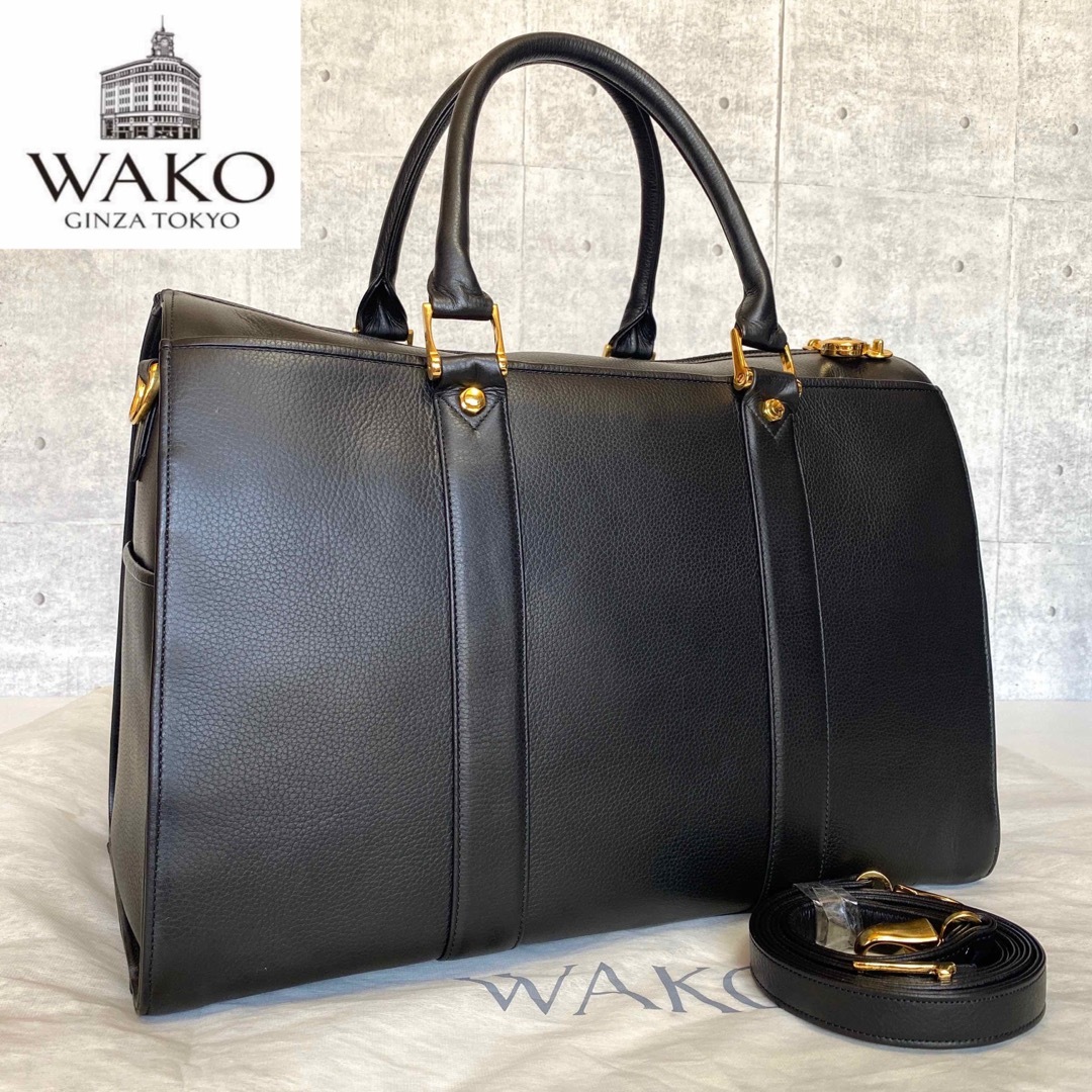 極美品】WAKO 銀座和光 シボ革 黒 ゴールド金具 2WAY ボストンバッグの