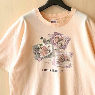 90s アメリカ製 アンビル anvilフラワー 鳥 アートプリントTシャツ 白