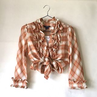 ギャップ(GAP)の✴︎美品✴︎GAP フリルシアーシャツ　七分袖　チェック　S(シャツ/ブラウス(長袖/七分))