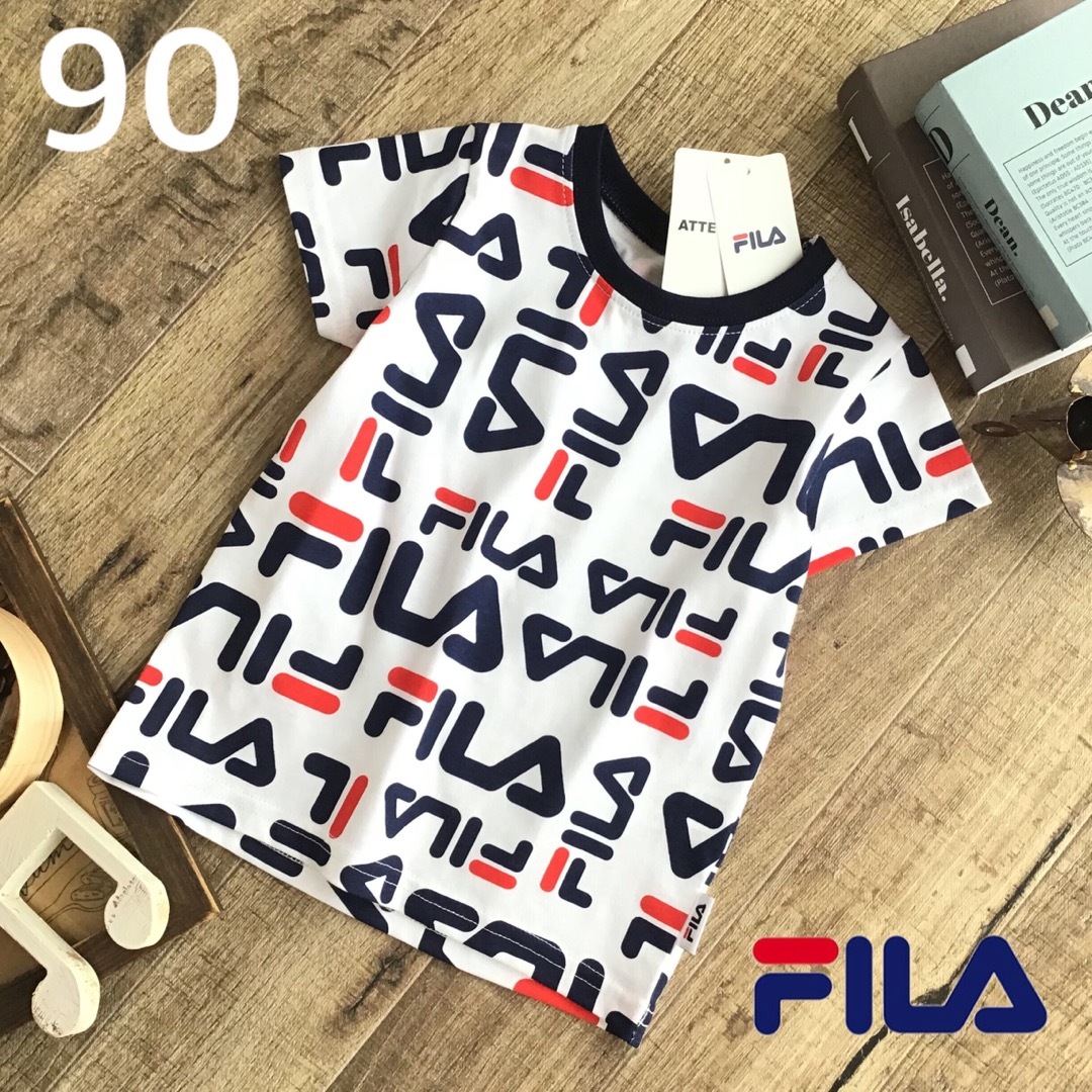 FILA(フィラ)の★【90】FILA フィラ 総ロゴ 総柄 半袖 Tシャツ 綿100% 白 キッズ/ベビー/マタニティのキッズ服男の子用(90cm~)(Tシャツ/カットソー)の商品写真